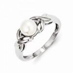 Sterling Silver Rhodium FW Cultured Button Pearl & Diamond Ring