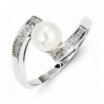 Sterling Silver Rhodium Plated Diamond And FW Cultured Pearl Ring