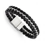 Stainless Steel Black Leather Brushed And Polished Bracelet