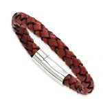 `Stainless Steel Brown Leather 8.5in Bracelet