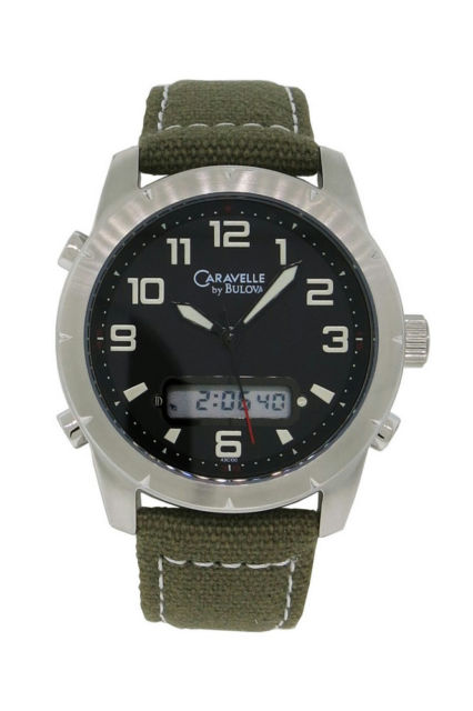 Caravelle by Bulova Mens Green Canvas Band Watch with Black Dial and Digital Feature in Dial
