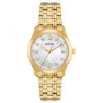 Bulova Ladies Gold-Tone Stainless Steel Bracelet Band Watch with 8 Diamonds, Roman Numerals, and Push Button Deployment Closure