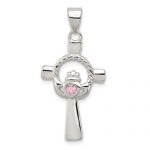 Sterling Silver Pink CZ Claddagh Cross Pendant