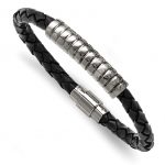 Stainless Steel Polished Design and Black Woven Leather Bracelet