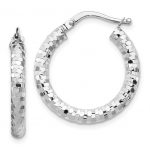 14k White Gold 3x15mm Diamond-cut Hoop Earrings