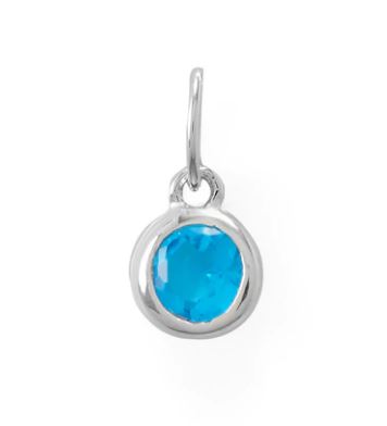 Rhodium plated sterling silver Teal CZ December birthstone charm. Measures 6.5mm x 8.7mm