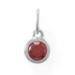 Rhodium plated sterling silver red CZ January birthstone charm. Measures 6.5mm x 8.7mm