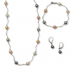 Sterling Silver 3 Piece Set (Bracelet 7.75", Necklace 18.5", and Earrings) Tri-Color Mother of Pearls (White, Grey, Peach) with Silver Bead Accents