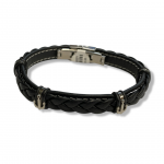 Stainless Steel/ Black Leather 8.5" Polished Anchor Bracelet