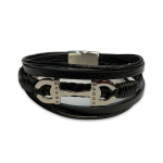 Black Leather Multi-Strand Bracelet Stainless Steel Charm with CZ accents 8"