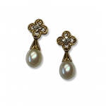 10K Pearl Dangle Earrings with Diamond Accents