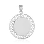 Sterling Silver Rhodium Plated Round Engravable Disk with Filigree Border Pendant on a Sterling Silver 22" Loose Rope Chain