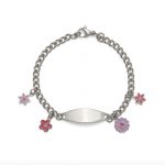Stainless Steel Silver Tone Oval Plate ID Bracelet with Pink and Purple Flower Dangles Charms 6.5"