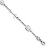 Sterling Silver Rhodium Plated Cross Miraculous Medal 6.5in with 1in extension Bracelet