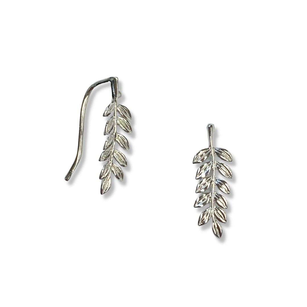 QE14995 Sterling Silver Rhodium Plated Leaf Climber Earrings