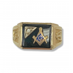 14K Yellow Gold Onyx Masonic Fashion Ring with Diamond Accent Size 10.5 MM Width: 4