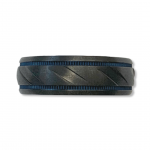 Black Titanium Ring with Carved Diagonal Pattern Brushed Finish and Blue Milgrain Grooves Size11.5 8mm