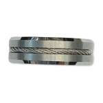 Tungsten Flat Ring with Steel Wire Cable Inlay and Beveled Edges Size12 8mm