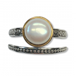 Sterling Silver with 14k Antiqued Ring Around 8mm Button FWC Pearl Set Of 2 Rings Size 6