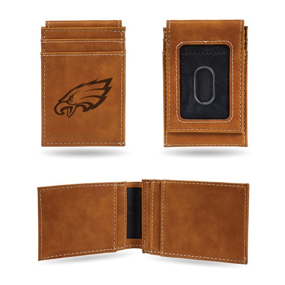 Philadelphia Eagles Brown Faux Leather Front Pocket Wallet with 2 Card Slots and ID Window
