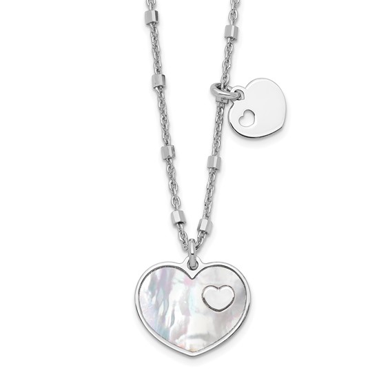 QG6208-15.5 Sterling Silver Rhodium-plated Mother of Pearl Heart with 1 in Ext Necklace